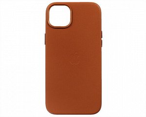 Чехол iPhone 14 Plus Leather hi-copy, с яблоком, коричневый