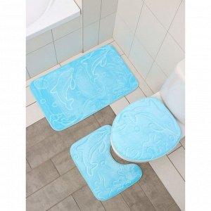 Набор ковриков для ванной и туалета Доляна «Дельфины», 3 шт: 39x43, 40x50, 50x80 см, цвет МИКС