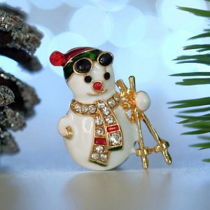 Брошь новогодняя "Снеговик с палочками", цветная в золоте