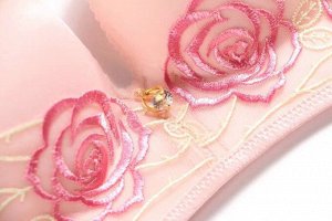 Бюстгальтер без косточек, с широкой застежкой, вышивка "розы", цвет розовый