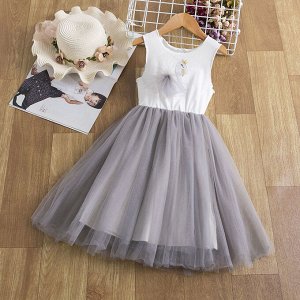 Детское платье, нарядное, принт "Лебедь", цвет белый/серый