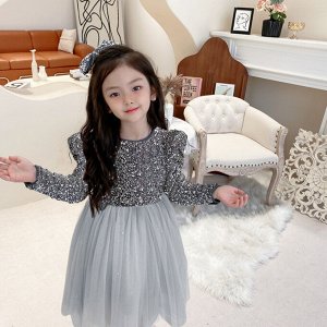 Детское платье, нарядное, с пайетками, цвет серый