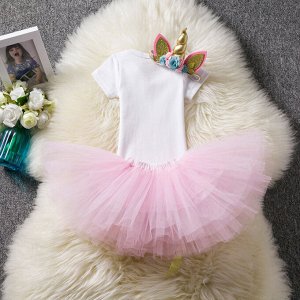 Детское платье, нарядное, принт "one", цвет белый/розовый
