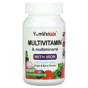 YUM-VS Мультивитамины и мультиминералы с железом, виноградом и ягодами, 120 жевательных таблеток