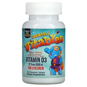 Vitables Витамин D3 для детей, жевательная резинка, черная вишня, 12,5 мкг (500 МЕ), 90 жевательных таблеток