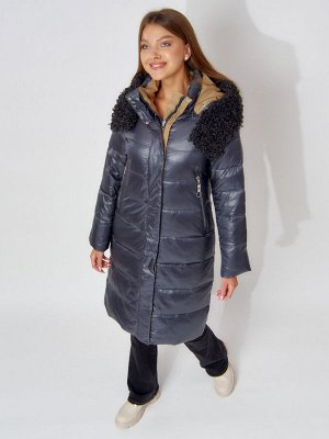 Пальто утепленное с капюшоном зимнее женское  темно-синего цвета 442181TS