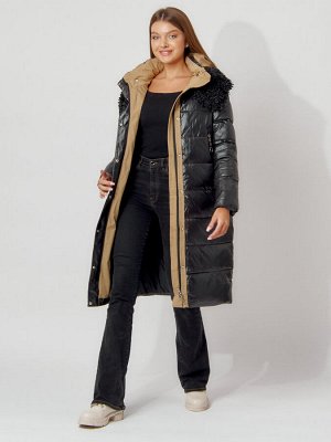 Пальто утепленное с капюшоном зимнее женское  черного цвета 442181Ch