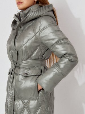Пальто утепленное стеганое зимнее женское  цвета хаки 448602Kh