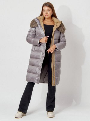 Пальто утепленное с капюшоном зимнее женское  серого цвета 442181Sr