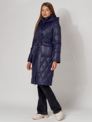 Пальто утепленное стеганое зимнее женское  темно-синего цвета 448602TS