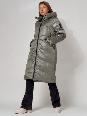 Пальто утепленное зимнее женское  цвета хаки 442152Kh