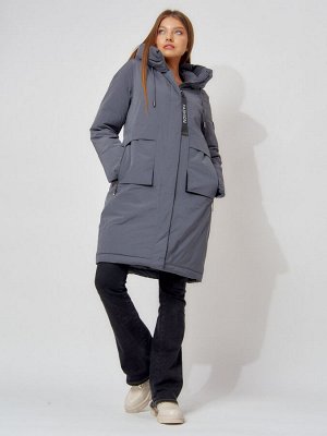 Пальто утепленное с капюшоном зимнее женское  серого цвета 442187Sr