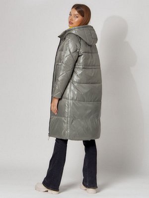 Пальто утепленное стеганое зимние женское  цвета хаки 448613Kh