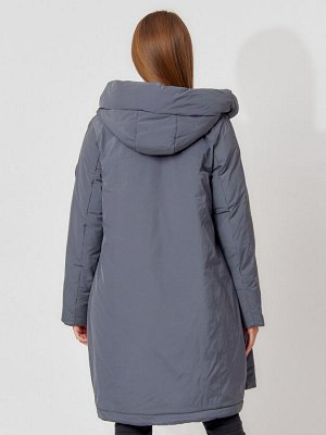 Пальто утепленное с капюшоном зимнее женское  серого цвета 442187Sr