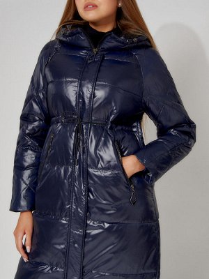 Пальто утепленное стеганое зимние женское  темно-синего цвета 448613TS