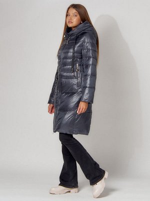 Пальто утепленное с капюшоном зимние женское  темно-серого цвета 442116TC
