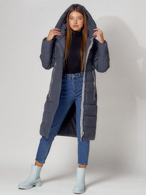 Пальто утепленное с капюшоном зимние женское  темно-синего цвета 442189TS