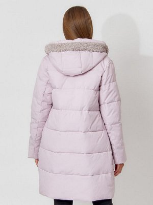 Пальто утепленное с капюшоном зимнее женское  розового цвета 442197R
