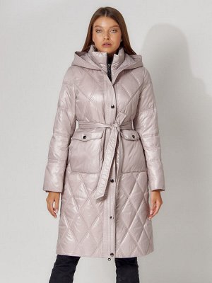 Пальто утепленное стеганое зимнее женское  розового цвета 448602R