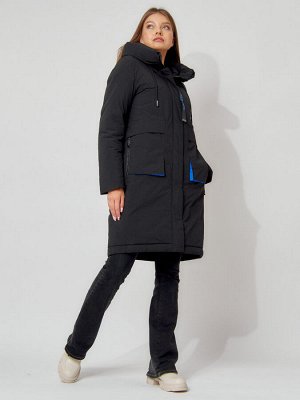 Пальто утепленное с капюшоном зимнее женское  черного цвета 442187Ch