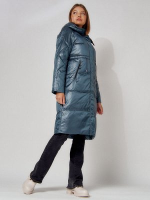 Пальто утепленное стеганое зимние женское  синего цвета 448613S