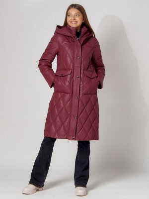 Пальто утепленное стеганое зимнее женское  бордового цвета 448602Bo