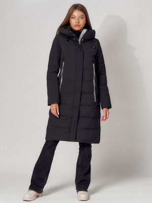 Пальто утепленное с капюшоном зимние женское  черного цвета 442189Ch