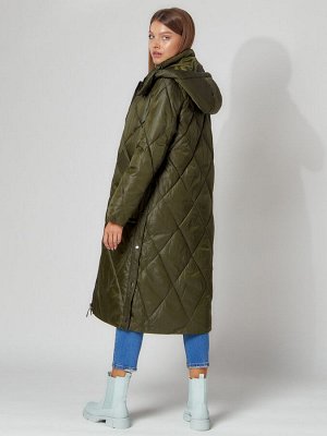 Пальто утепленное стеганое зимнее женское  темно-зеленого цвета 448601TZ
