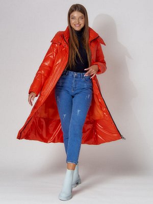 Пальто утепленное стеганое зимнее женское  оранжевого цвета 448601O