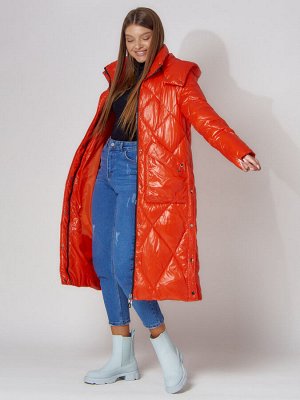 Пальто утепленное стеганое зимнее женское  оранжевого цвета 448601O