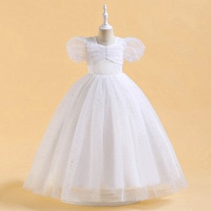 Платье детское с рукавами буфами, цвет белый, со стразами