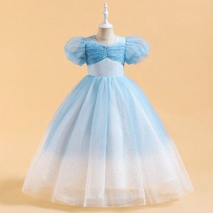 Платье детское с рукавами буфами, цвет синий, со стразами