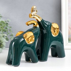 Сувенир керамика "Два слона, сердце на хоботе" тёмно-зелёный золото набор 2 шт 20,5х25х6 см   904765
