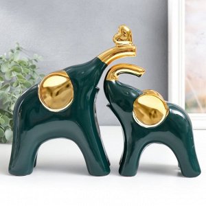 Сувенир керамика "Два слона, сердце на хоботе" тёмно-зелёный золото набор 2 шт 20,5х25х6 см   904765