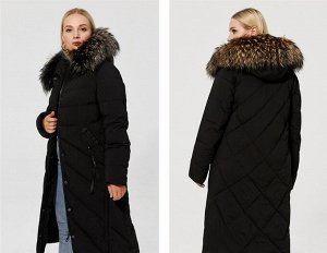 Шикарное женское зимнее пальто с богатым меховым воротником, цвет черный