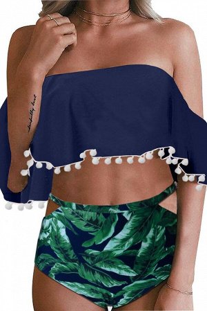 Синий купальник бикини: топ с открытыми плечами в стиле ретро с воланами и кисточками + плавки с высокой талией и зеленым тропическим принтом