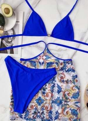 Синий купальник бикини + пляжная юбка-саронг с цветочным принтом