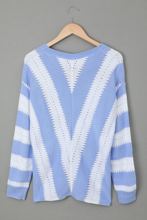 Бело-голубой вязаный пуловер-свитер с V-образным вырезом и полосками