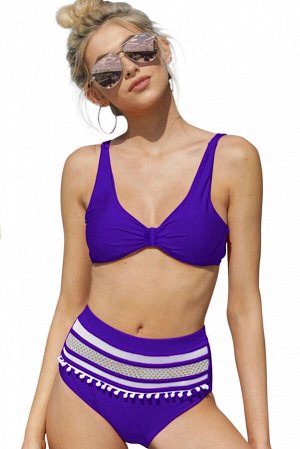 Фиолетовый в белую полоску купальник бикини с высокой талией и помпонами на плавках