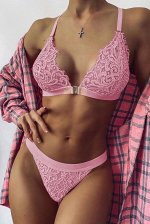 Розовый комплект кружевного нижнего белья: бюстгальтер Bralette с регулируемыми бретелями + трусики с высокой талией