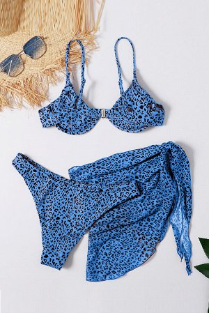 Голубой купальный комплект с леопардовым принтом из 3 частей: бюстгальтер с фигурным вырезом + бикини с высокой талией + пляжная юбка-саронг