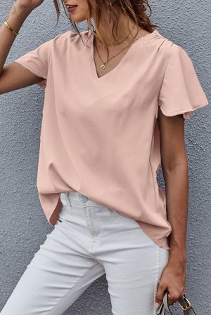 Розовая блуза с V-образным вырезом и короткими расклешенными рукавами