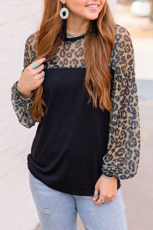 Черная блуза с пышными рукавами с леопардовым принтом