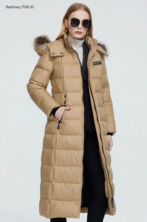 Женское зимнее пальто с поясом и съемным капюшоном с натуральным мехом, цвет кэмал