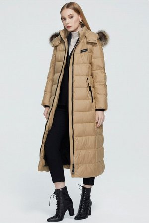 Женское зимнее пальто с поясом и съемным капюшоном с натуральным мехом лисы, цвет кэмал
