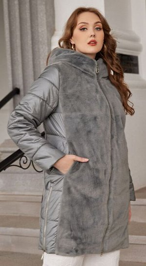 Женская зимняя куртка с капюшоном, комбинированная искусственным мехом, цвет СЕРЫЙ