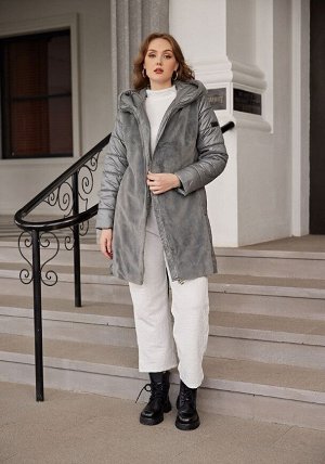 Женская зимняя куртка с капюшоном, комбинированная искусственным мехом, цвет СЕРЫЙ