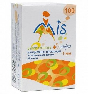 Ежедневные прокладки Супер тонкие "MIS" айрлайд софт, анатомическая форма, 1 капля (155мм), 100 шт (картон)