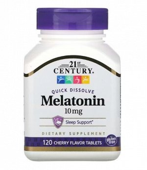 21st Century, Быстрорастворимый мелатонин, с вишневым вкусом, 10 мг, 120 таблеток