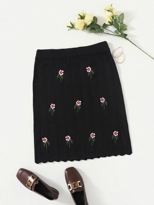 Вязаная юбка с цветочной вышивкой с фестончатой отделкой размера плюс